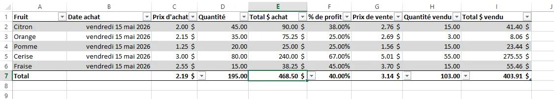 Table Inventaire - Base de données Excel